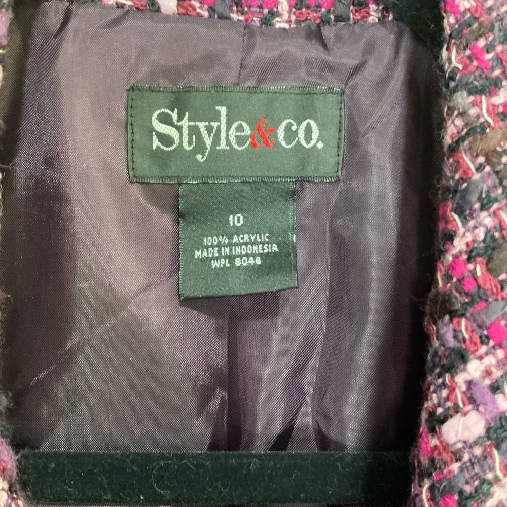 🌷 Style & Co Purple Black Pink White Tweed Coat / Jacket Lined - 10 - Picture 4 of 6
